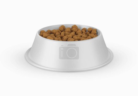 Dog bowl with food on white background