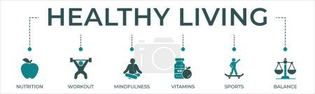 Ilustración de Vida saludable banner sitio web icono vector ilustración concepto con el icono de la nutrición, entrenamiento, mindfulness, deportes y equilibrio. - Imagen libre de derechos