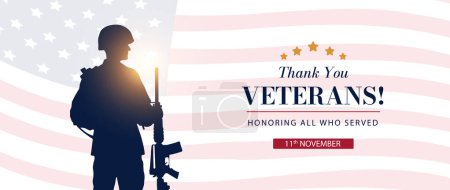 Gracias Cartel del Día de los Veteranos. Honrando a todos los que sirvieron. Ilustración vectorial Soldado militar estadounidense Con pistola en silueta. Bandera americana 11 de noviembre