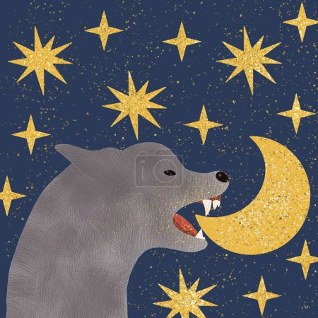 Foto de Ilustración de un lobo comiendo la luna. Lobo en el fondo del cielo estrellado. Lobo malo - Imagen libre de derechos