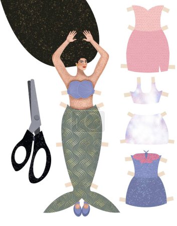 Photo for Illustration of a girl with long dark hair in a mermaid costume, paper doll with clothes and scissors. Illustration on a white background - Royalty Free Image