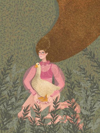 Téléchargez les photos : Une fille aux cheveux longs est assise dans l'herbe avec une oie sur les genoux. Femme à l'oie - en image libre de droit