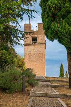 Photo for View of Torre campanaria in Peglio town in Marche region in Italy - Royalty Free Image