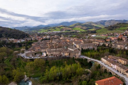 Aerial view of Urbania town in Marche region in Italy