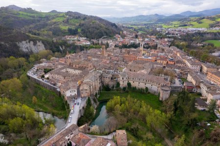 Aerial view of Urbania town in Marche region in Italy