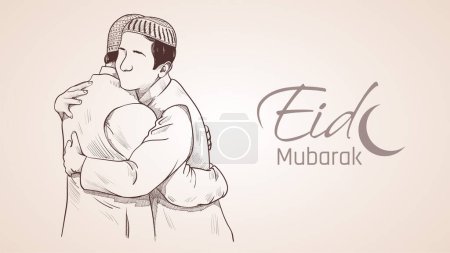 Illustration for Muslim man hugging and wishing to each other on occasion of Eid hand sketch illustration. Eid Mubarak banner vector. Eid greetings illustrations design. - Royalty Free Image