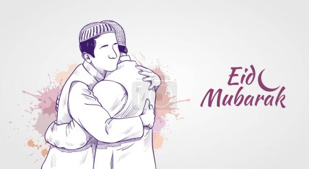 Vektor für Muslimische Männer, die sich anlässlich des Eid umarmen und einander Wünsche äußern. Eid Mubarak Banner Vektor. Eid grüße hand zeichnen illustrationen design - Lizenzfreies Bild