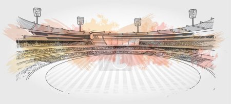 Cricket estadio línea dibujo ilustración vector. Bosquejo de patio con pincelada colorida.