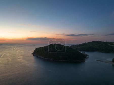 Photo for Aerial view beautiful sunset above Kala island at Layan beach Phuket.colorful sky of sunset at horizon.Phuket beach sea Amazing beach, Beautiful beach Phuket Thailand, Nature and travel concept. - Royalty Free Image