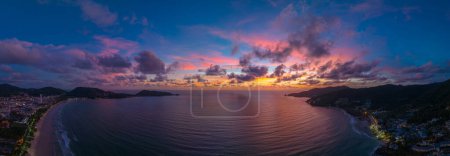 Photo for Aerial panorama view scene romantic pink sky on sunset at Patong beach. - Royalty Free Image