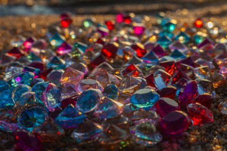 Foto de Diamantes coloridos esparcidos por la playa El sol brillaba en las facetas de las piedras preciosas - Imagen libre de derechos