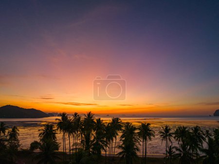Téléchargez les photos : Vue aérienne ciel magnifique au lever du soleil au-dessus des cocotiers. Magnifique vue aérienne du paysage coloré pendant le coucher du soleil - en image libre de droit