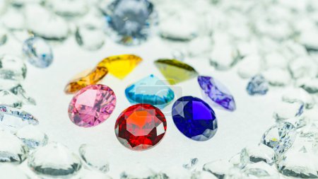 Téléchargez les photos : Diamants colorés de différentes tailles sont placés dans un cercle central sur fond de diamants blancs - en image libre de droit
