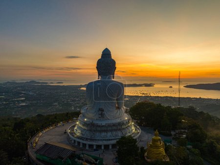 Photo for Aerial view colorful sun shines through the clouds above the ocean at Phuket Big Buddha - Royalty Free Image