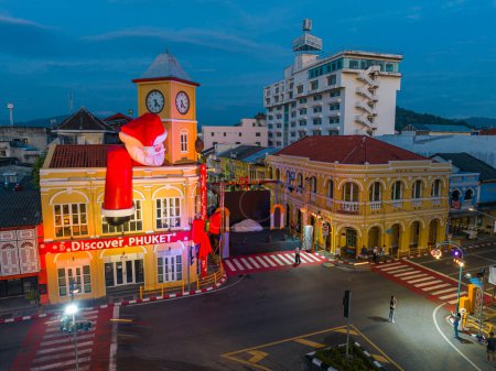 Photo for Phuket,Thailand-December,31,2023: celebrations events in Phuket Town to attract tourists.Aerial view the ancient building that are beautiful - Royalty Free Image
