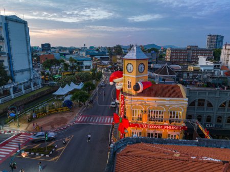 Photo for Phuket,Thailand-December,31,2023: aerial view the ancient building that are beautiful in architecture decorated for New Year celebrations - Royalty Free Image