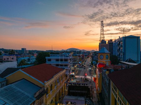 Photo for Phuket,Thailand-December,31,2023: aerial view the antique building in Phuket town at sunrise - Royalty Free Image