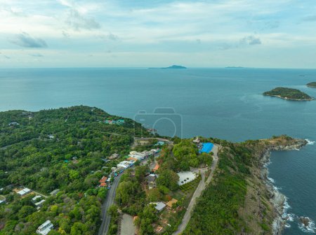 aerial view at Laem Promthep Cape viewpoint. Promthep cape is the most popular viewpoint in Phuket