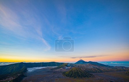 Bromo volcanoes with beautiful blue sky at sunrise 