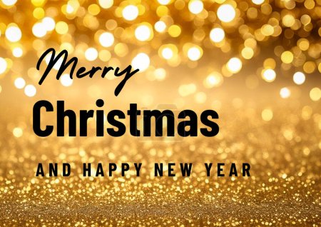 merry christmas card, golden christmas background with beautiful lights and text. golden christmas background with snowflakes