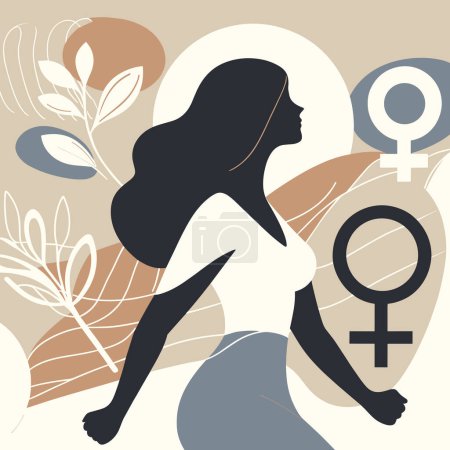 Illustration einer marschierenden Frau in schlichtem Design. Illustration zum Internationalen Frauentag in einfachem Design und Pastellfarben Verwendung für Werbung, Dekoration, Druck und Karte