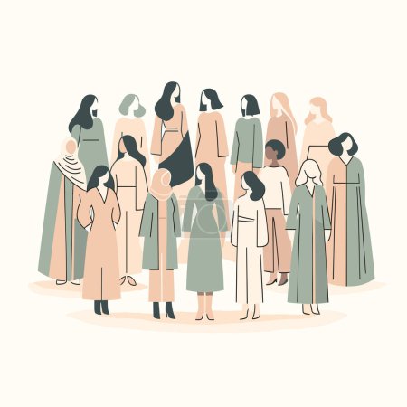 Photo for Illustration of women from the world standing together. International Woman's day illustration in simple design and pastel colors and thin black outlines. Use for promotion, decoration, print and card - Royalty Free Image