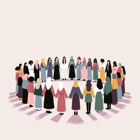 Photo for Illustration of women from all over the world together and holding hands.International Woman's day illustration depicting women united, holding hands in a colorful palette. Use for promotion, decoration, print and card. - Royalty Free Image