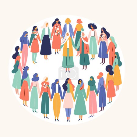 Illustration von Frauen aus der ganzen Welt, die zusammenhalten und Händchen halten. Illustration zum Internationalen Frauentag, die vereinte Frauen zeigt, die Hände in einer bunten Palette auf cremefarbenem Hintergrund halten. Verwendung für Werbung, Dekoration, Druck und Karte. 