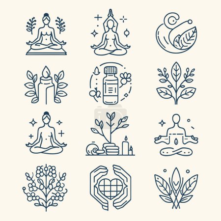 Illustration for Set of wellness icons with black line in cream background in flat style. Isolated items. Vector illustration. Use for promotion and decoration. - Royalty Free Image