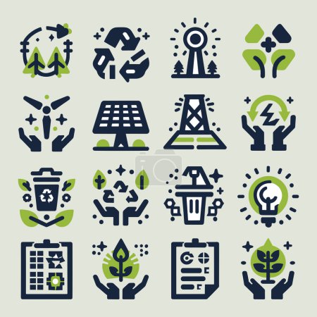 Illustration for Set of sustainable energy icons with green details and black outlines. Flat and minimal design for alternative energy. Isolated items. Vector illustration. Use for promotion, decoration and UI icons. - Royalty Free Image