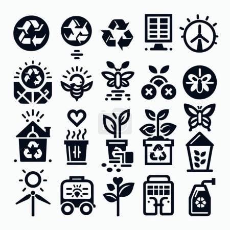 Set of black simple icons for renewable energy on grey background. Flat and minimal design in all black color focusing in recycling and sustainable living. Isolated items. Vector illustration. Use for promotion, decoration and UI icons.