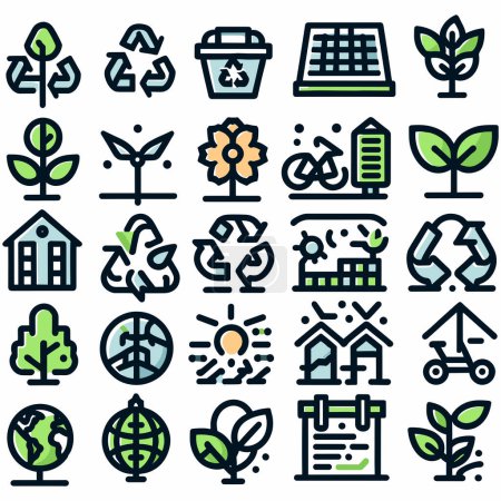 Set von grünen Öko-Energie und Natur-Symbolen mit schwarzen Umrissen. Minimale Vektor-Symbole im 2d-Stil mit schwarzen Umrissen. Isolierte Gegenstände. Vektorillustration. Verwendung für Promotion, Dekoration und UI-Symbole.
