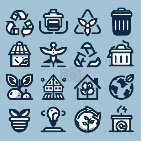 Illustration for Set of sustainability icons on blue background with black outlines. Flat, minimal vector symbols with thick black outlines. Isolated items. Use as logo, for promotion, decoration and UI icons. - Royalty Free Image