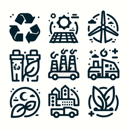 Illustration for Set of recycle and green energy icons in bold black outlines. Flat, minimal vector symbols with thick black outlines on cream background. Isolated items. Use as logo, for promotion, decoration and UI icons. - Royalty Free Image