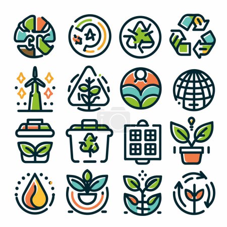 Set of eco friendly icon with color and black outlines. Isolated items. Vector illustration. Use for promotion, decoration and UI.