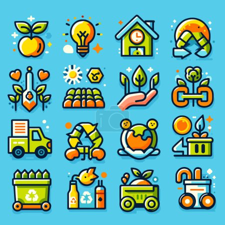 Set of agriculture and eco friendly icons on blue background. Flat and colorful 2d style. Isolated items. Vector illustration. Use for promotion, decoration and UI icons.