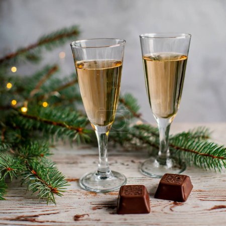 Foto de Dos copas de champán nuevo año víspera celebración Navidad brindis animando vacaciones de temporada de invierno. Foto de alta calidad - Imagen libre de derechos