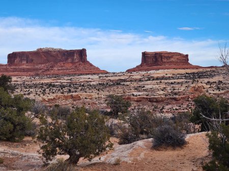 Photo for This photo showcases the rugged beauty of the Monitor and Merrimack, two towering rock formations in Utah's desert landscape. The red sandstone contrasts with the blue sky and the white clouds, creating a stunning visual effect. - Royalty Free Image