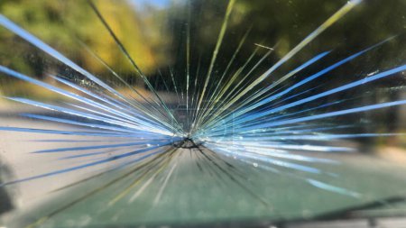 Photo for Shattered - A close-up of a shattered windshield, showing the impact point and the cracks radiating outwards the car hit a butternut dropping out of a tree at 45 MPH - Royalty Free Image