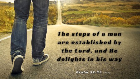 Bible Verse Psalm 37:23 - The steps of a good man are ordered by the Lord, and He delights in his way. A picture of a person walking down a long roadway.