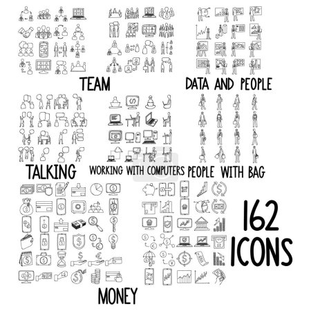 Illustration for Set of doodles vector icon Team, Data and people, Talking, Working with computers, People with bag, Money. - Royalty Free Image