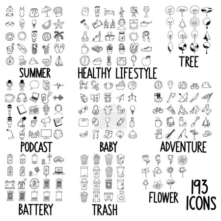 Illustration for Set of doodles vector icon Summer, Healthy Lifestyle, Tree, Podcast, Baby, Adventure, Battery, Trash, Flower. - Royalty Free Image