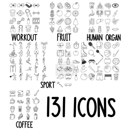 Illustration for Set of doodles vector icon Workout, Fruit, Human Organ, Sport, Coffee. - Royalty Free Image