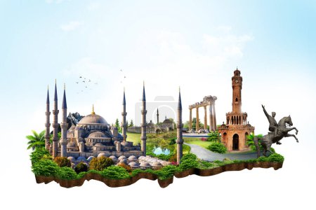 Foto de Mapa de Turquía. Monumentos a Turquía. Medio ambiente. Torre del reloj. Mezquita Azul. Estatua de Atatrk. Ruinas del templo de Atenea - Imagen libre de derechos