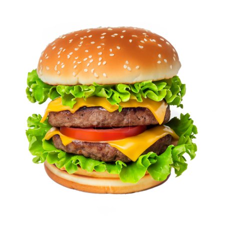 Téléchargez les photos : Grand hamburger au fromage, tomate et laitue, isolé sur fond blanc, vue latérale - en image libre de droit