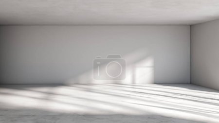 Chambre minimaliste ensoleillée avec sol en béton et murs blancs