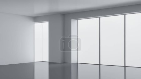 Chambre vide moderne avec de grandes fenêtres et murs blancs