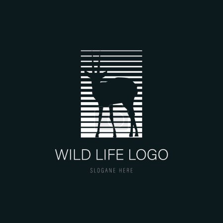 Ilustración de Diseño del logotipo de la vida silvestre, con ciervos y elemento de línea, combinación de color blanco negro - Imagen libre de derechos