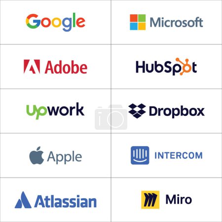 Téléchargez les illustrations : Logo d'entreprise Set Format vectoriel, Google, Microsoft, Adobe, Hubspot, Upwork, Dropbox, Apple, Intercom, Atlassian, Logos Miro - en licence libre de droit