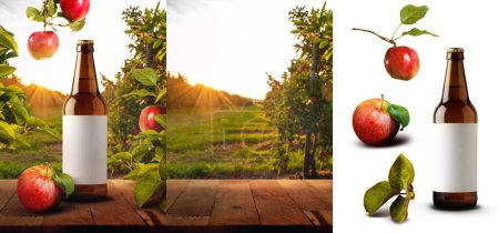 Foto de Exhibición realista de los manzanos con las frutas y las hojas aisladas del png y la maqueta de la botella en la tabla de madera - Imagen libre de derechos